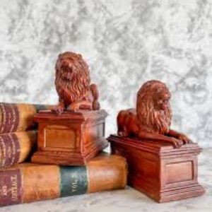 Vintage Pair of Andrea By Sadek Lion Bookends - 2 Heavy Resin Lions on Plinths